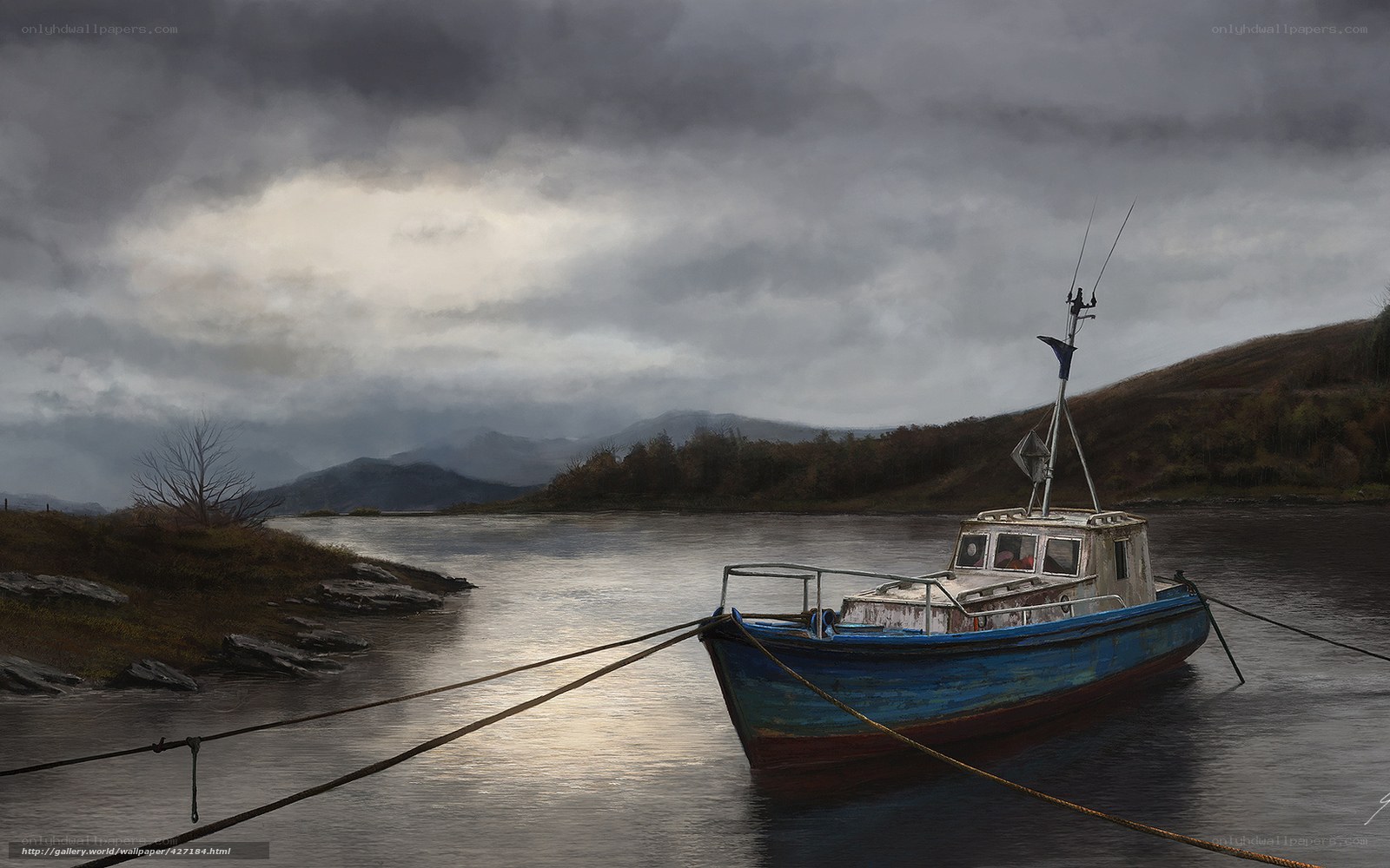 Abandoned boat on a stormy day