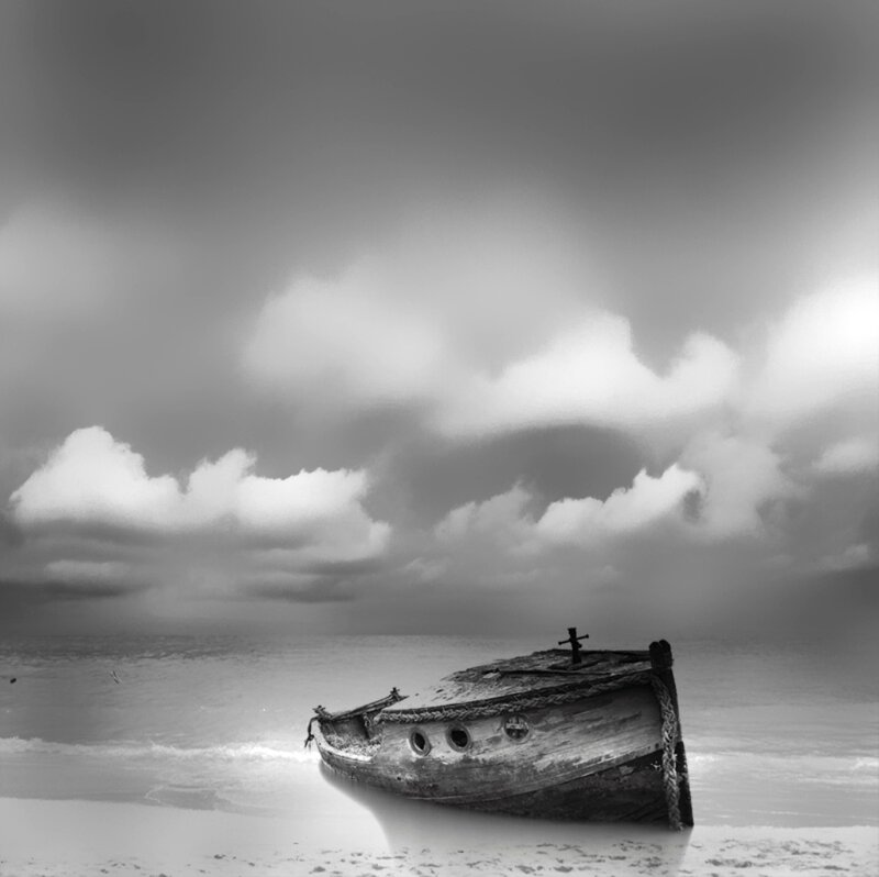 Abandoned Boat on Beach — Black, Dramatic