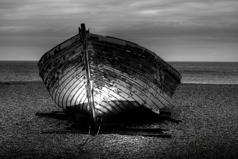 Abandoned Boat on Beach — Black