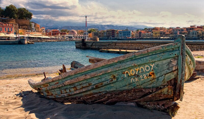 Abandoned Boat on Beach — Blue, Dramatic, Afternoon