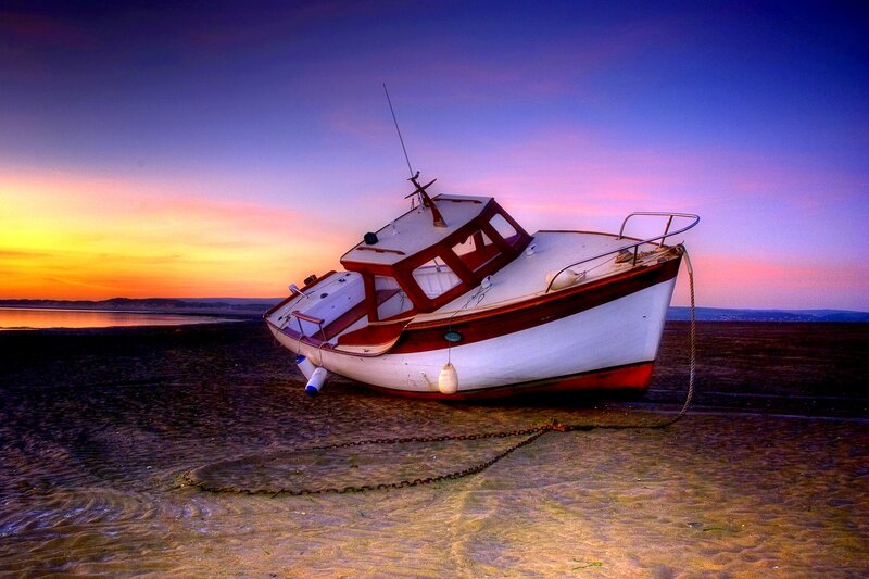 Abandoned Boat on Beach — Blue, Dramatic