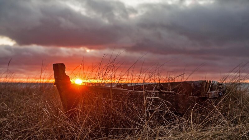 Abandoned Boat on Beach — Orange, Dramatic, Sunset
