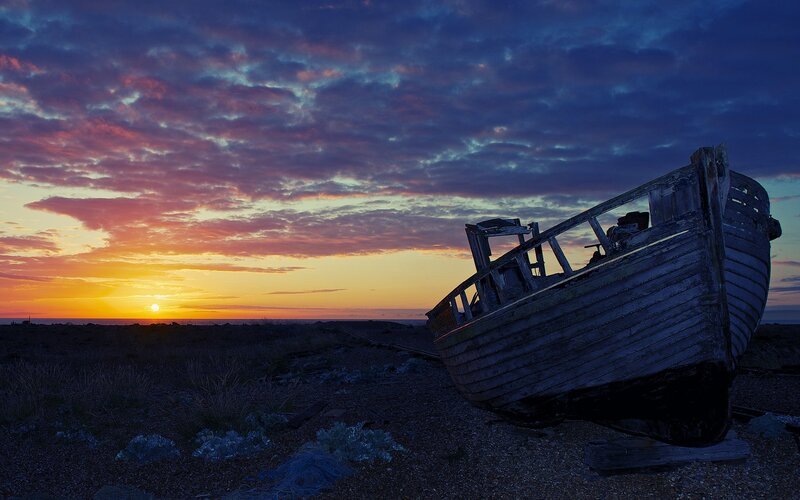 Abandoned Boat on Beach — Purple, Dramatic, Sunset