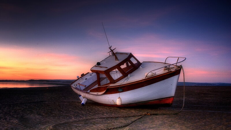 Abandoned Boat on Beach — Purple