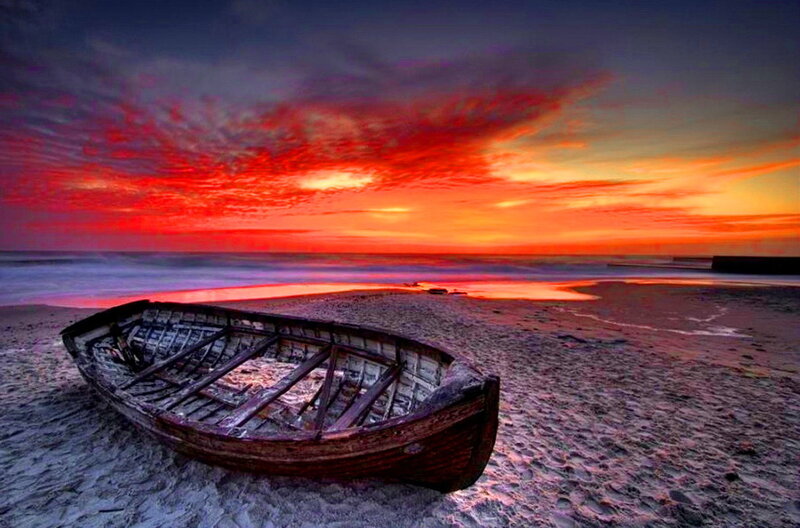 Abandoned Boat on Beach — Red