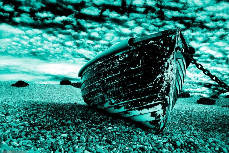 Abandoned Boat on Beach — Teal