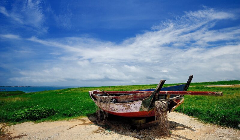 Abandoned Boat on Grass — Blue