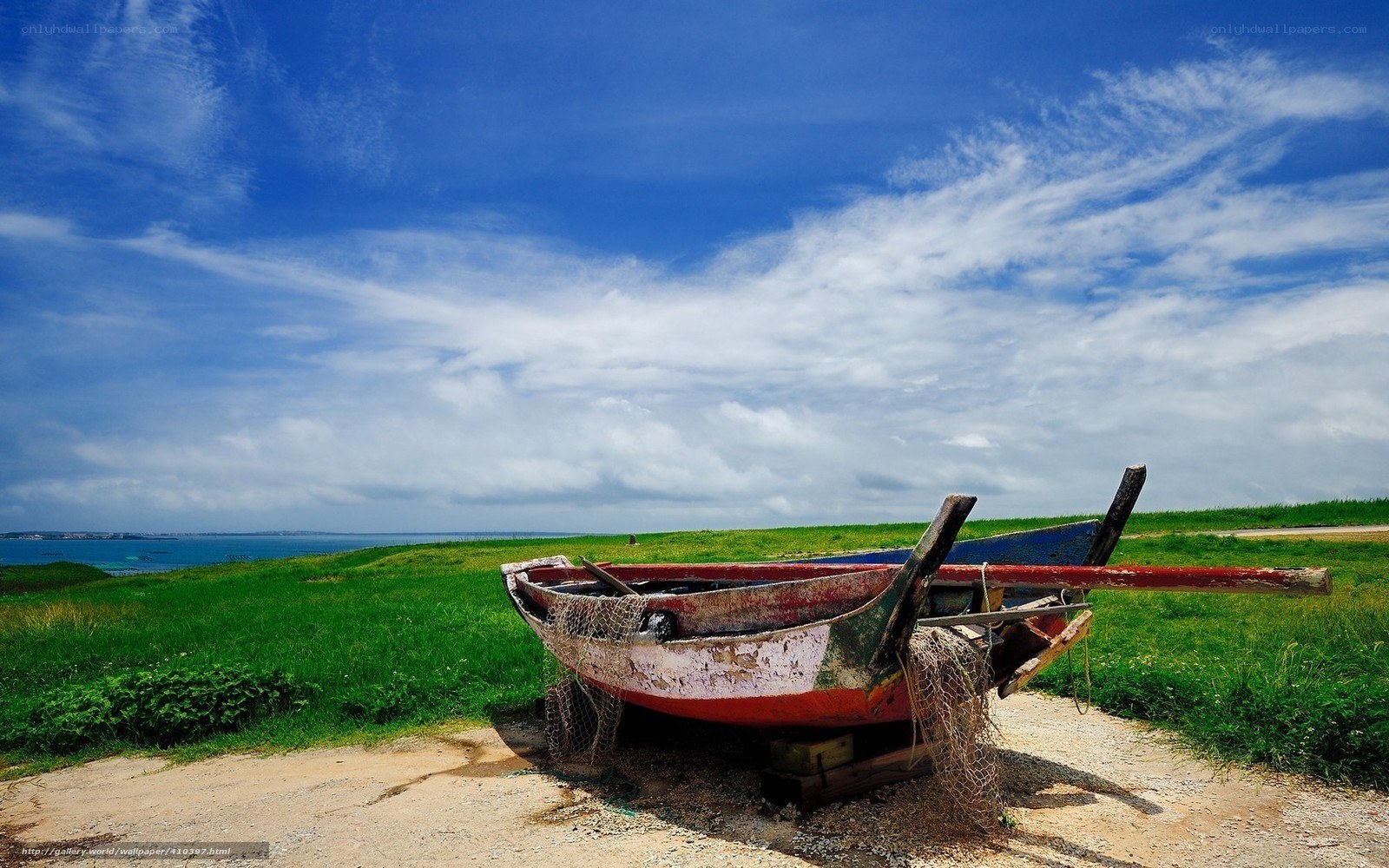 Abandoned boat on grassy shore