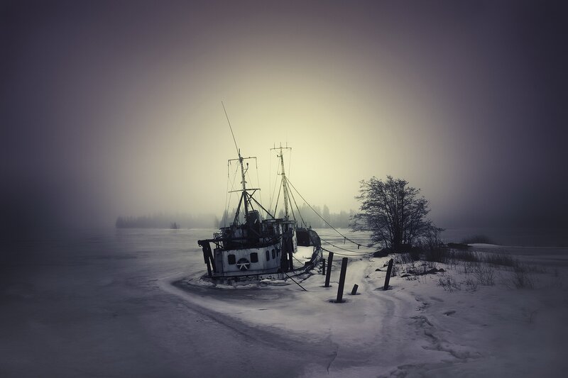 Abandoned Boat on Ice — Gray