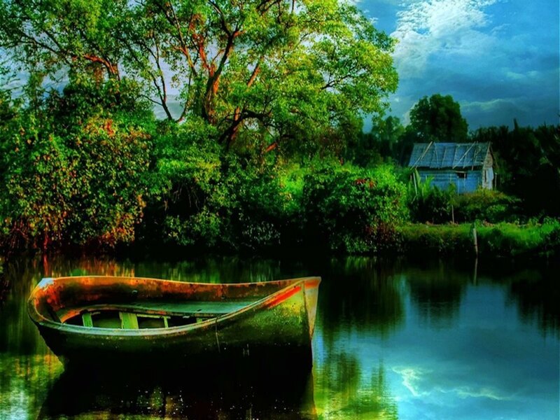 Abandoned Boat on River — Green