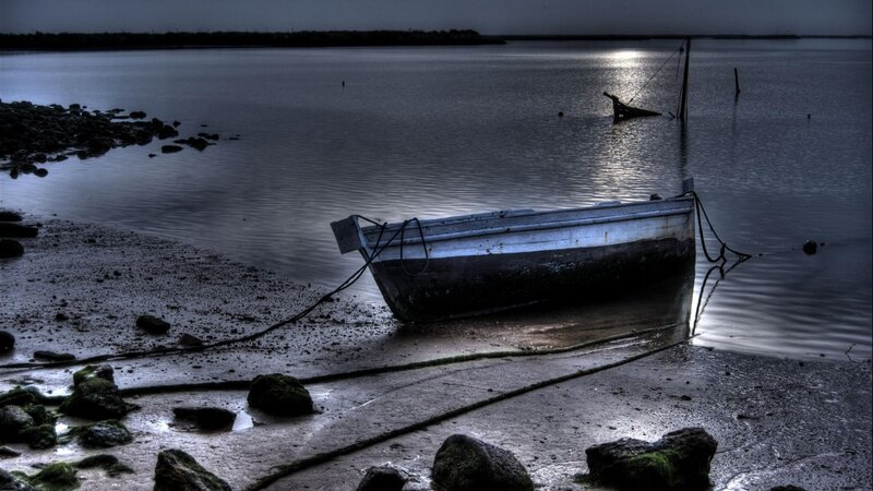 Abandoned Boat on Shore — Blue, Dramatic, Night