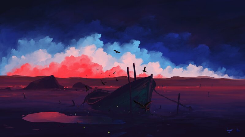Abandoned Boat on Shore — Blue, Dramatic, Sunset, Digital Art