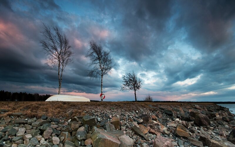 Abandoned Boat on Shore — Blue, Dramatic, Sunset