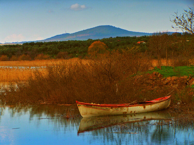 Abandoned Boat on Shore — Blue, Serene, Autumn