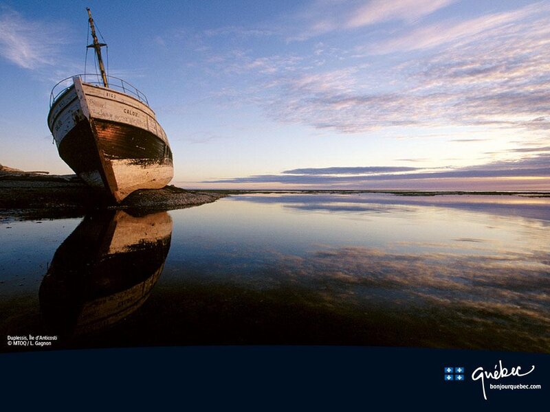 Abandoned Boat on Shore — Blue, Serene, Sunset, Photograph, Water