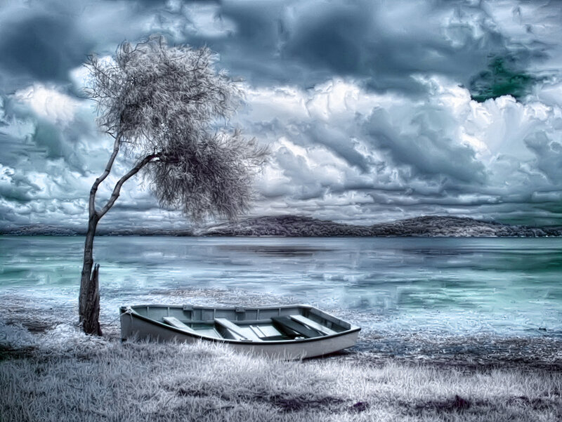 Abandoned Boat on Shore — Blue