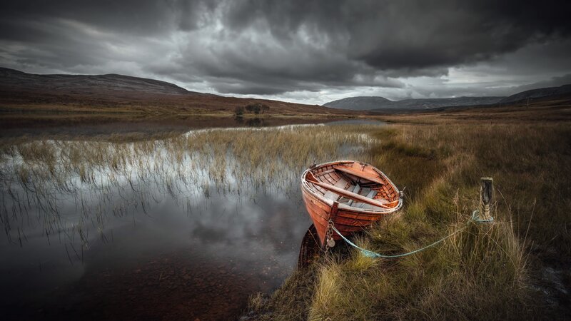 Abandoned Boat on Shore — Brown, Dramatic, Photograph