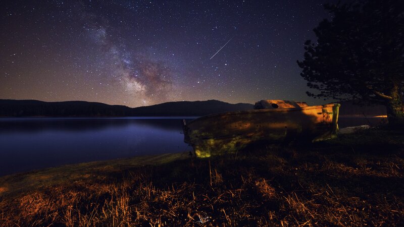 Abandoned Boat on Shore — Dark Blue, Serene