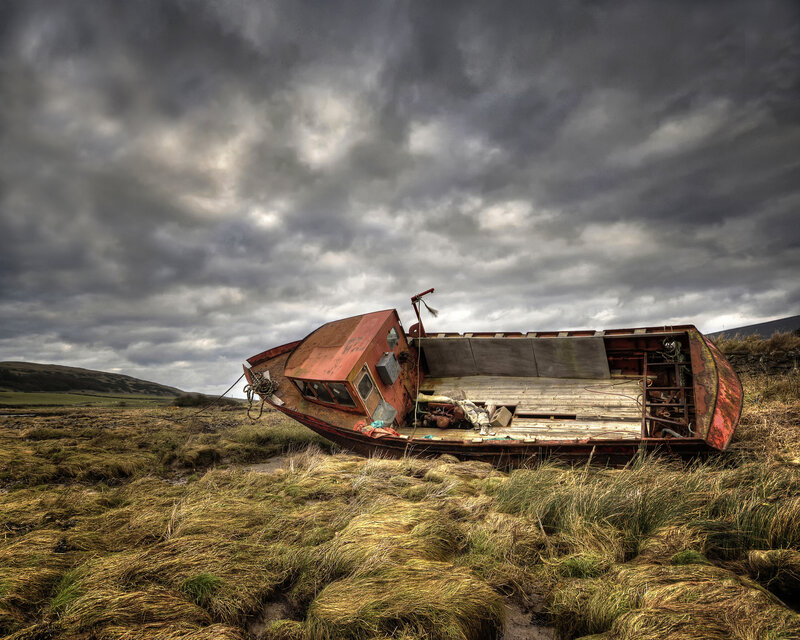 Abandoned Boat on Shore — Gray, Dramatic, Photograph
