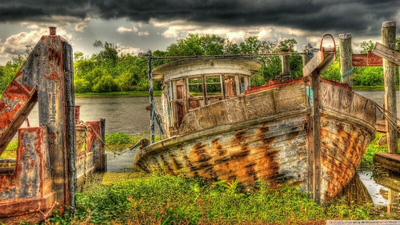 Abandoned Boat on Shore — Green, Dramatic, Afternoon, Photograph, River