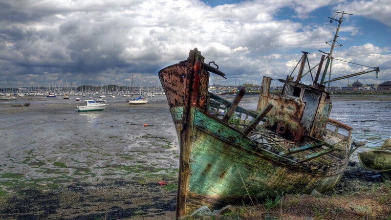 Abandoned Boat on Shore — Green, Dramatic, Afternoon, Photograph