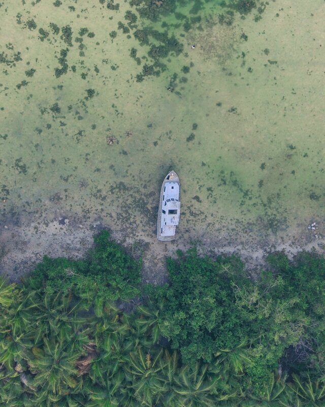 Abandoned Boat on Shore — Green, Serene, Afternoon