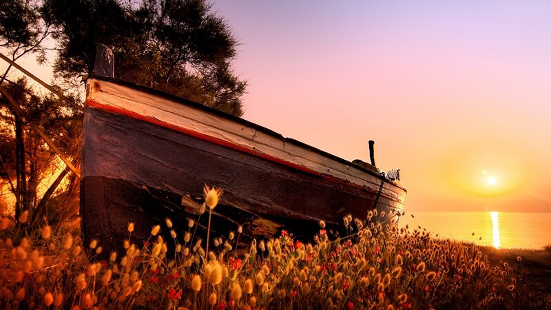 Abandoned Boat on Shore — Orange, Serene, Sunset