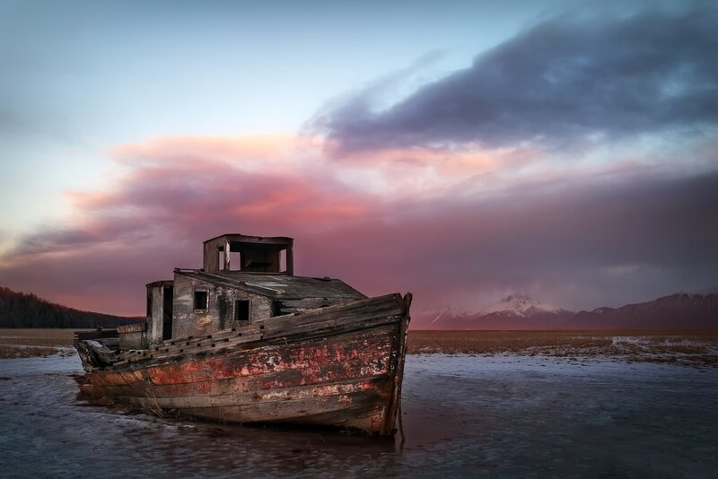 Abandoned Boat on Shore — Purple, Dramatic, Sunset