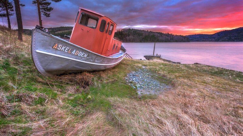 Abandoned Boat on Shore — Red, Dramatic, Sunset