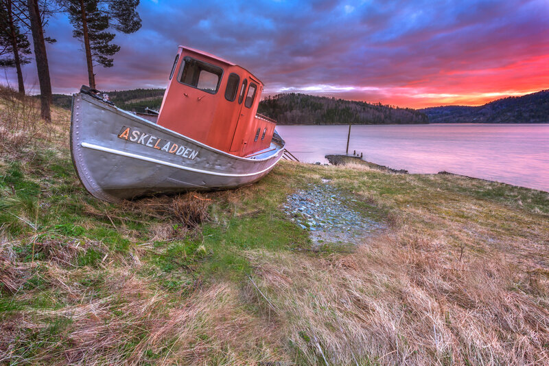 Abandoned Boat on Shore — Red, Dramatic