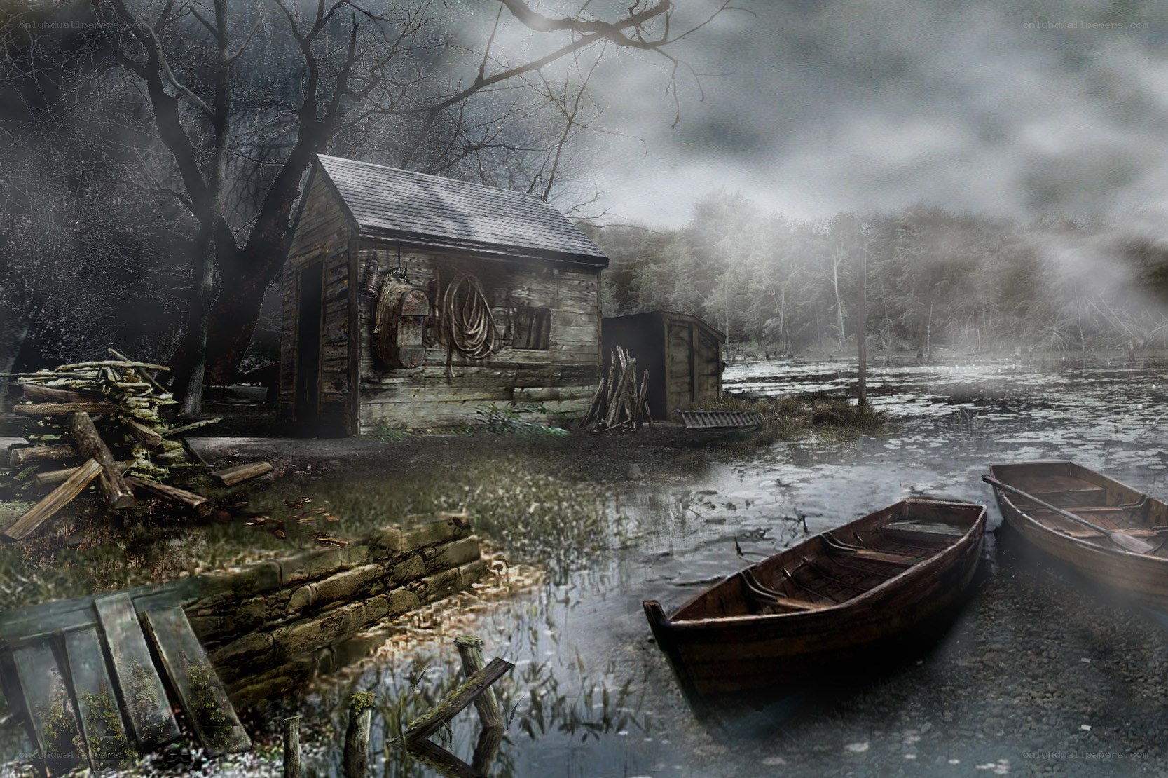 abandoned boathouse in mist