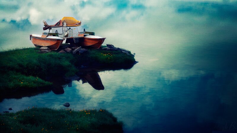 Abandoned boats on a lakeshore