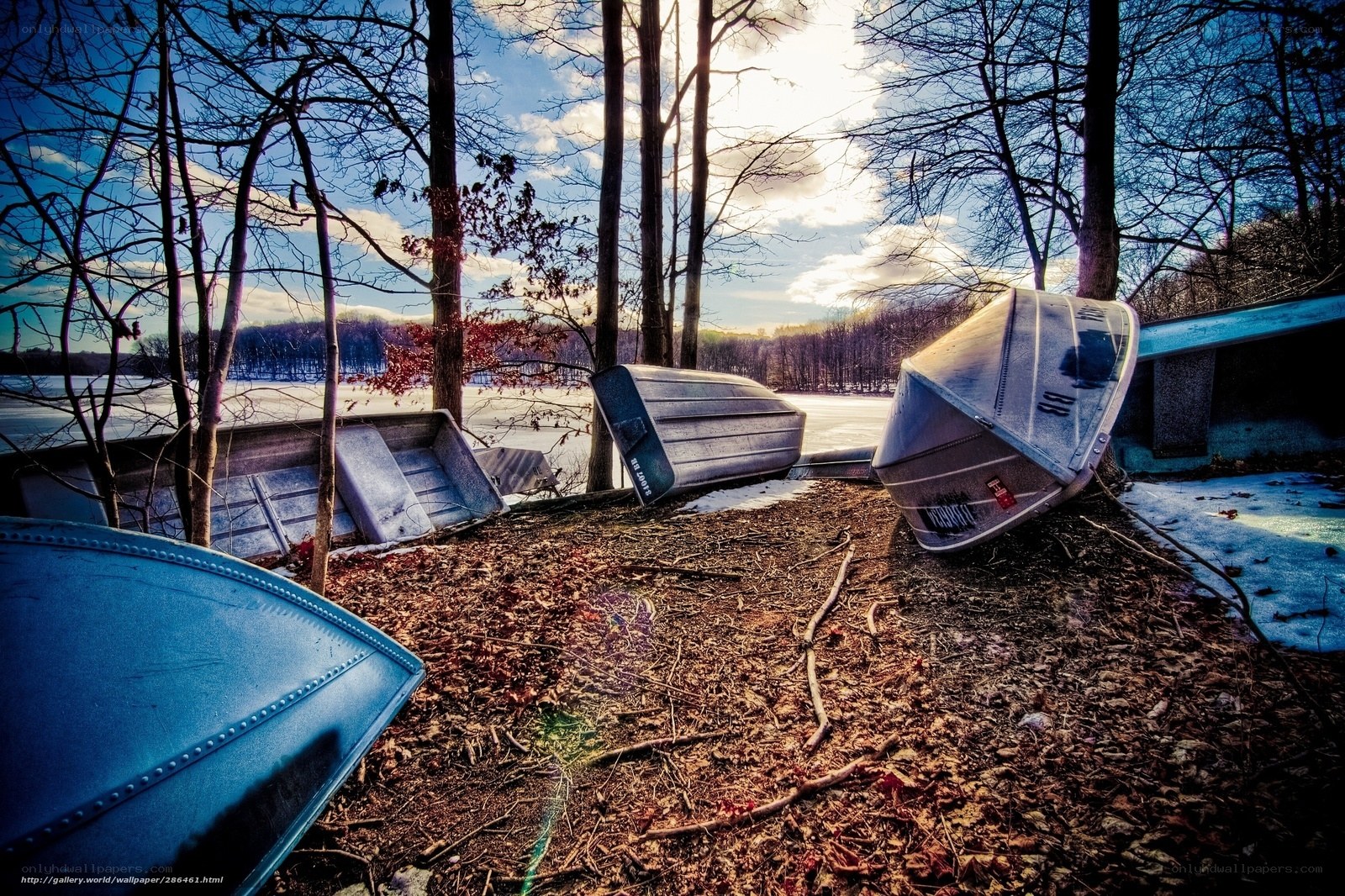 Abandoned boats on a lakeshore
