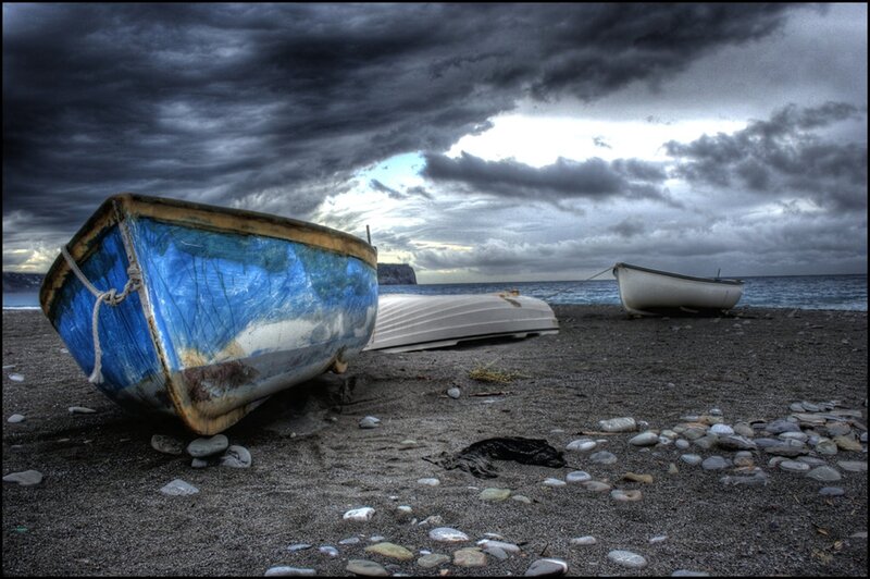 Abandoned Boats on Beach — Blue