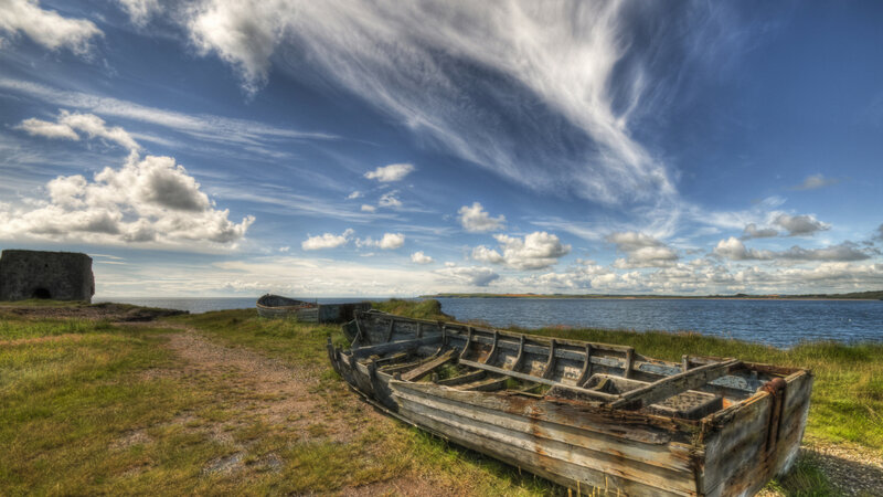 Abandoned Boats on Shore — Blue, Dramatic, Afternoon