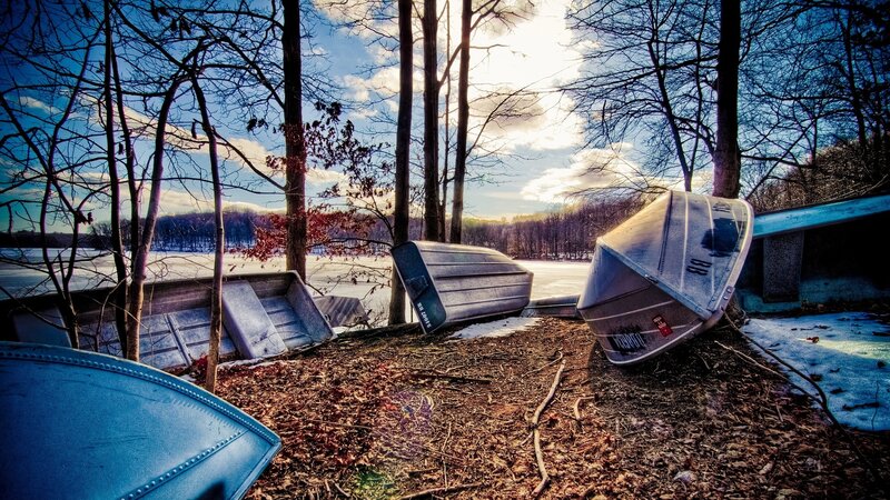 Abandoned Boats on Shore — Blue, Dramatic, Winter