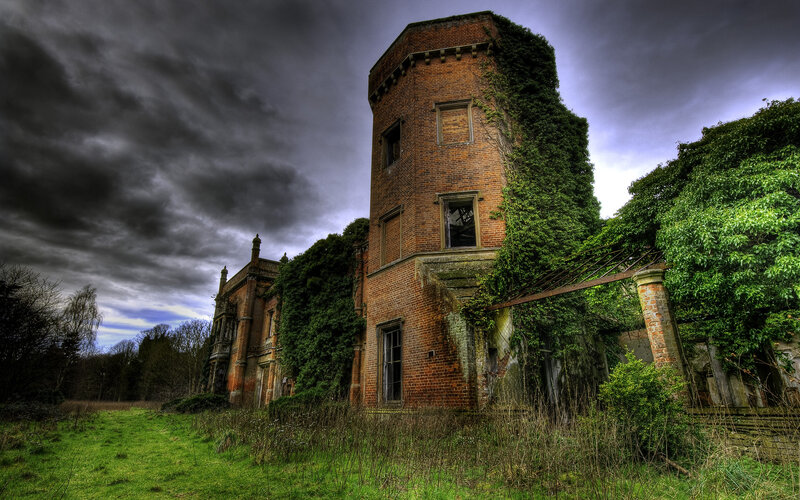 Abandoned Brick Building — Green, Dramatic, Photograph, Brick Structure