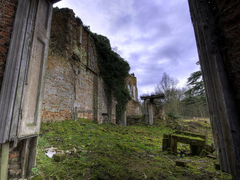 Abandoned brick building ruins