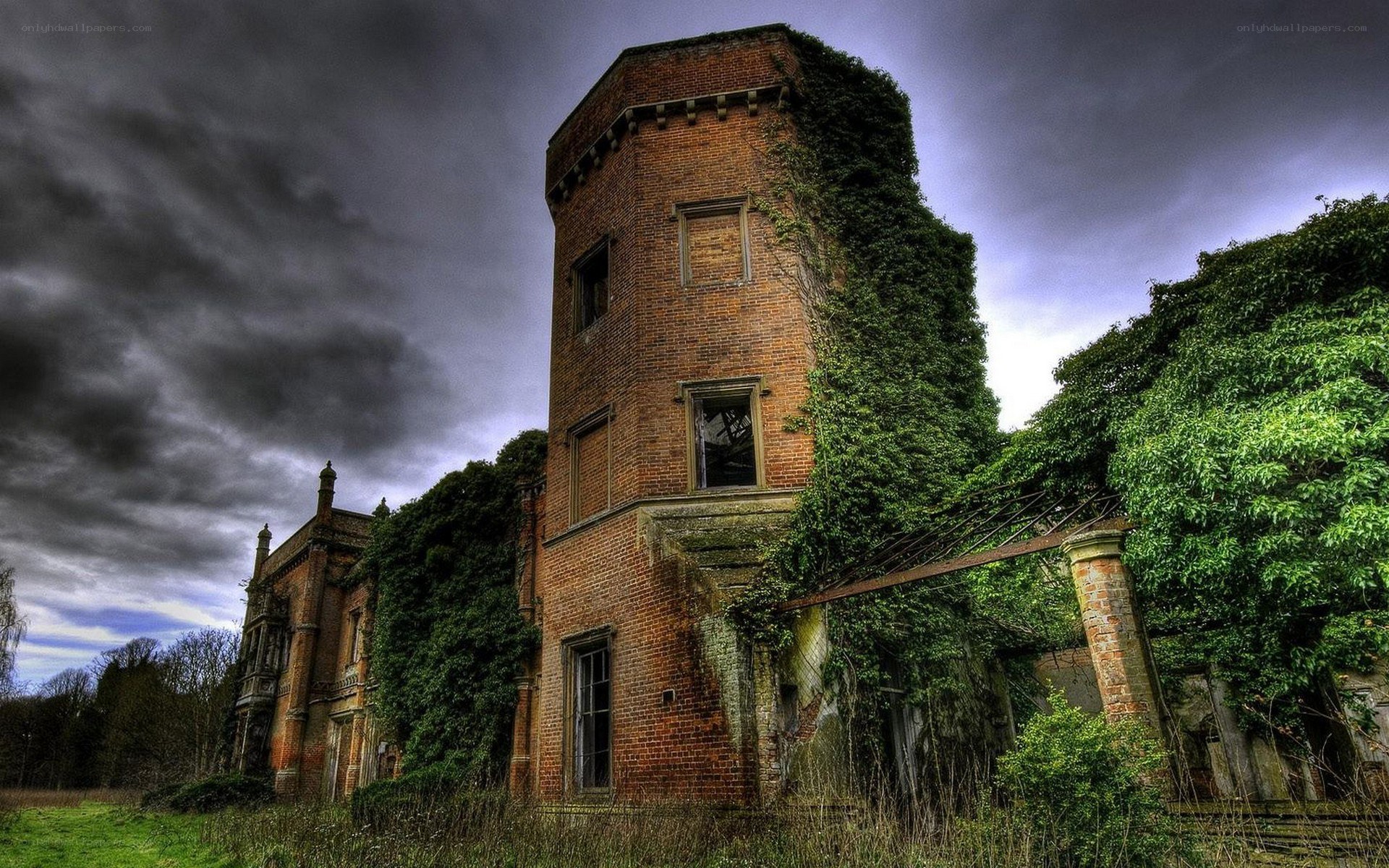 abandoned brick tower house