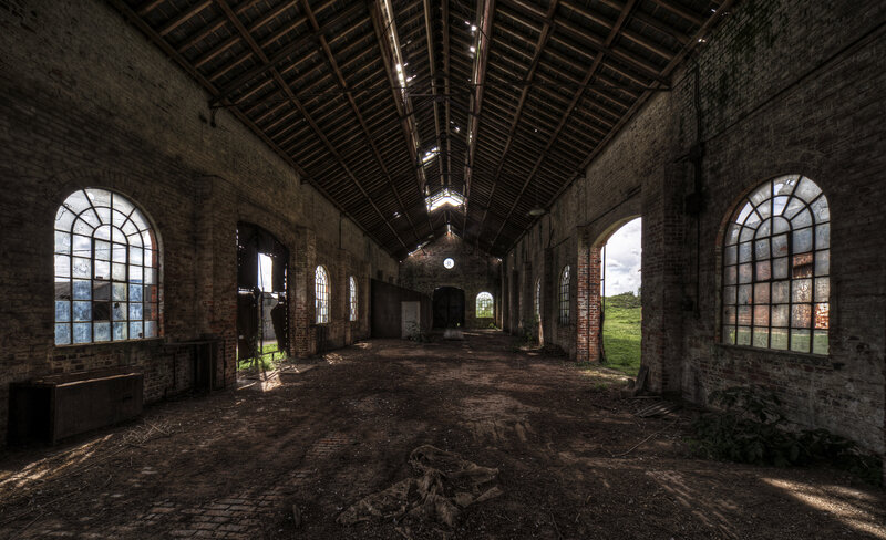Abandoned brick warehouse interior