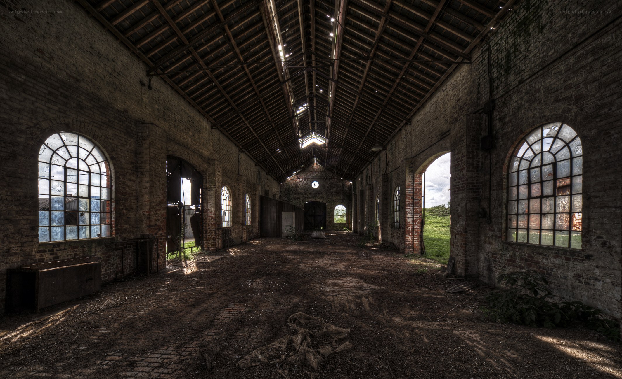 Abandoned brick warehouse interior