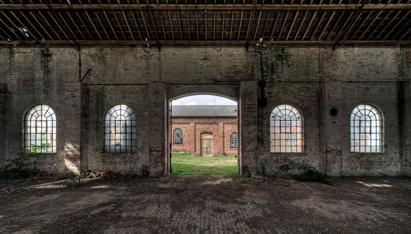 Abandoned brick warehouse interior