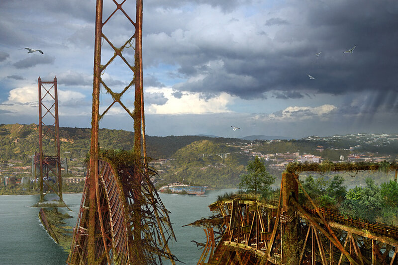 Abandoned bridge over water