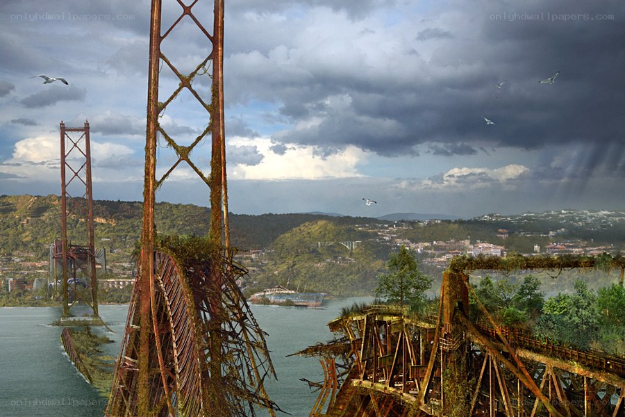 Abandoned bridge over water