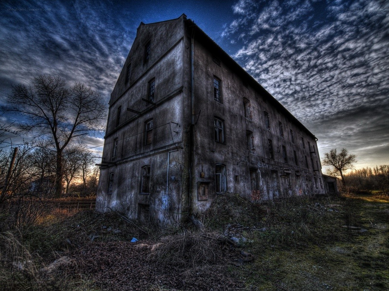 Abandoned building at dusk