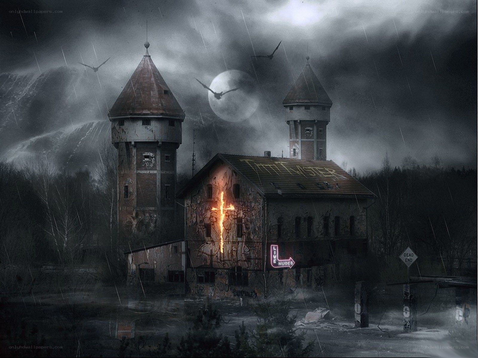 Abandoned building at night