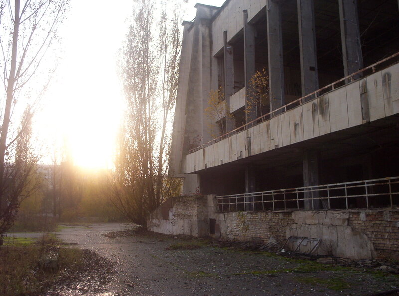 Abandoned building at sunset
