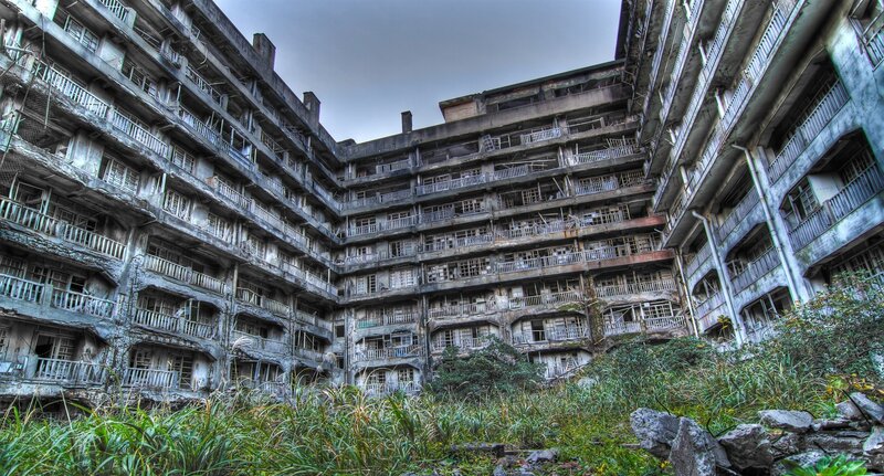 Abandoned Building Complex — Green, Dramatic, Photograph