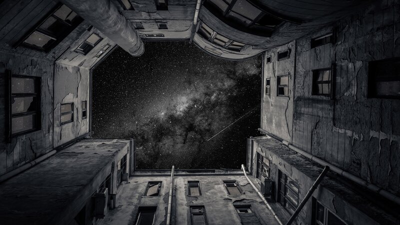 Abandoned Building Courtyard — Black, Dramatic