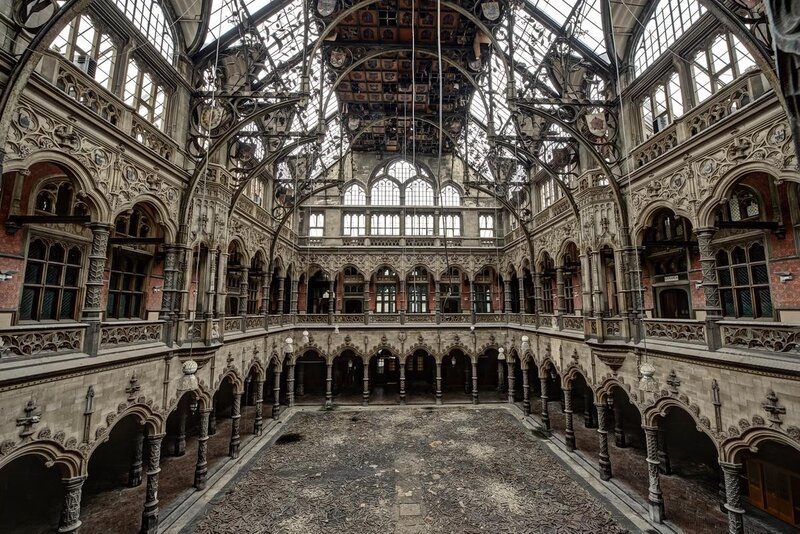 Abandoned Building Courtyard — Gray, Dramatic, Photograph, Arches